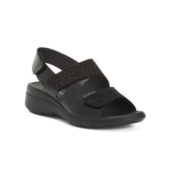 ENVAL SOFT Black Made In Italy Patent Leather Comfort Multi Band Wedge Sandals - Picture 1 of 2
